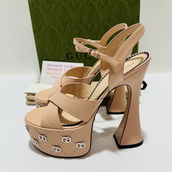 Gucci Janaya Pink Interlocking G Studs 39.5/ US 9.5 Heels Platform Sandals NIB - Picture 7 of 15